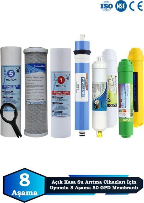 Açık Kasa Su Arıtma Cihazı Uyumlu 8 Aşama Cift Sediment 80 GPD Membranlı Multimineralli Bakım Seti