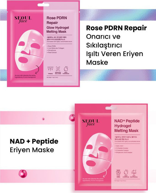Seoul Face NAD+ Peptid Hidrojel Nemlendirici Eriyen Maske ve Rose Gül Eriyen Glow Maske