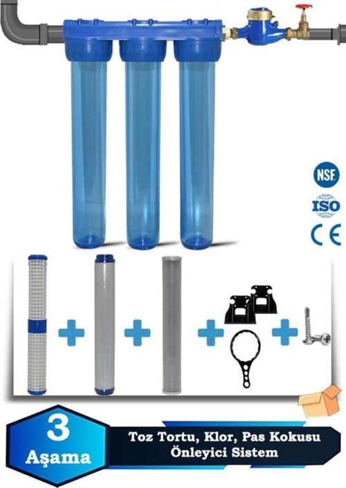 Atlantis Daire Bina Girişi 20 Inch 3 Aşama Su Arıtma Yumuşatma Cihazı(KOKU,PAS,KLOR ÖNLEYİCİ SET)