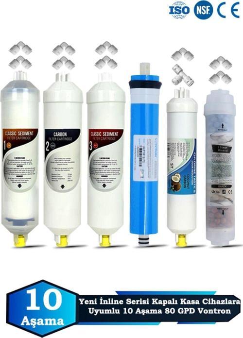 Yeni Seri İnline Kapalı Kasa Su Arıtma Cihazı Uyumlu 10 Aşama 80 GPD Vontron Membranlı Mineralli Set