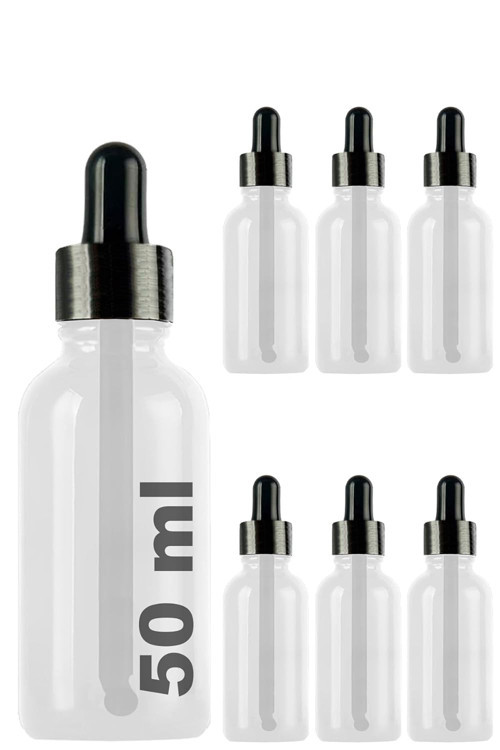 50 ml Metal Kapaklı Damlalık Dropper Şişesi Serum 50 cc Cam Şişe 6 Adet (Siyah Kapak, Şeffaf)