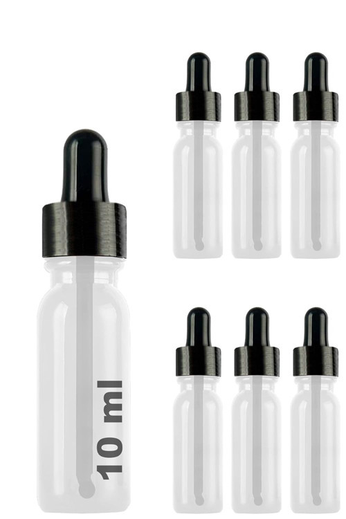 10 ml Metal Kapaklı Damlalık Dropper Şişesi Serum 10 cc Cam Şişe 6 Adet (Siyah Kapak, Şeffaf)