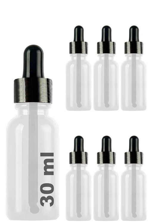 30 ml Metal Kapaklı Damlalık Dropper Şişesi Serum 30 cc Cam Şişe 6 Adet (Siyah Kapak, Şeffaf)
