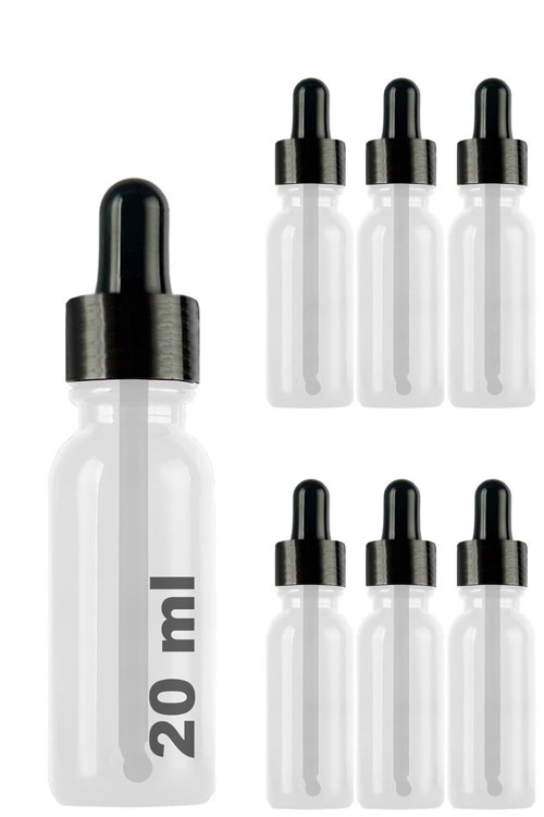 20 ml Metal Kapaklı Damlalık Dropper Şişesi Serum 20 cc Cam Şişe 6 Adet (Siyah Kapak, Şeffaf