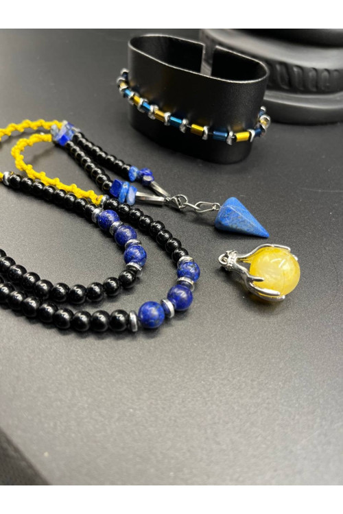 Sarı Lacivert Ruh Temalı Doğaltaş Seti | Lapis Lazuli & Sarı Akik 2 Kolye Ucu + Hematit Bileklik