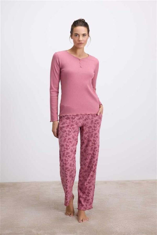 Uzun Kollu T-Shirt ve Desenli Pantolon Pijama Takımı