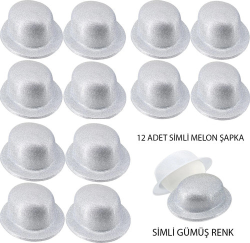 Gümüş Renk Simli Melon Yuvarlak Parti Şapkası 12 Adet