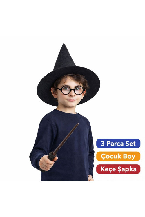 Harry Potter Tarzı Çocuk Seti (Siyah Keçe Şapka, Asa, Gözlük)