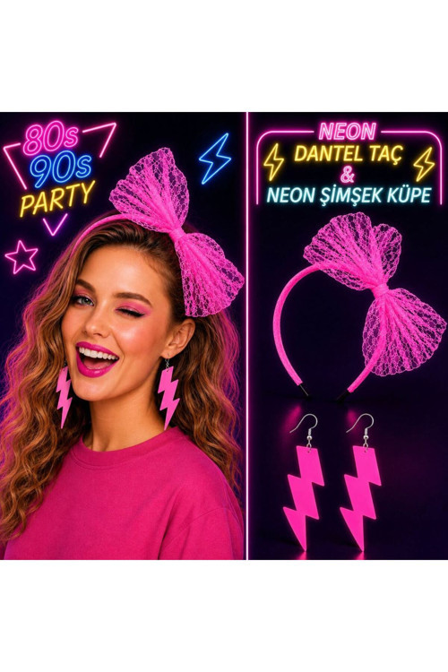 Neon Pembe Dantel Taç ve Şimşek Küpe 80'ler 90'lar Parti Seti