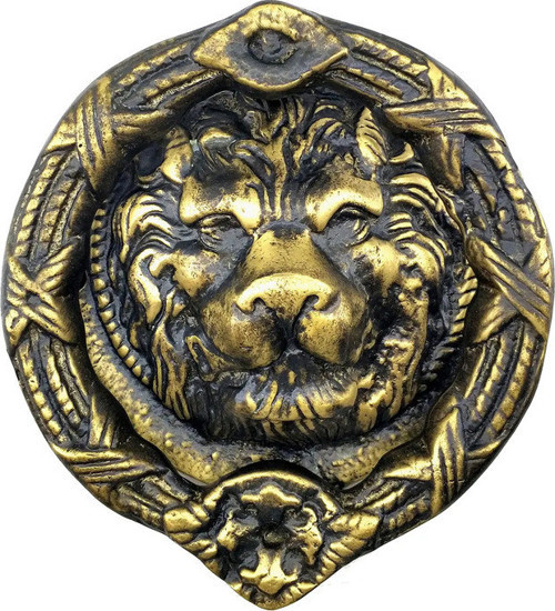 Antika Tarz Dekoratif Pirinç Aslan Kapı Tokmağı, Taktak - 185 mm, Antik