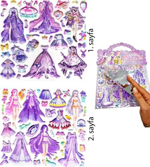 Sticker Kabartmalı Çantalı iki Sayfalı Sticker Seti (HQK013) - 21x17 cm- Mor Kız Giydirme