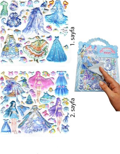 Sticker Kabartmalı Çantalı iki Sayfalı Sticker Seti (HQK016) - 21x17 cm- Mavi Kız Giydirme