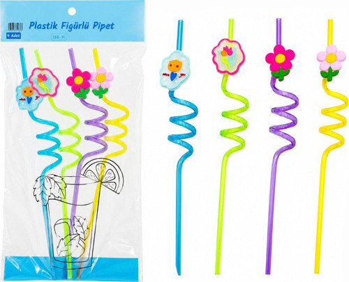 Kıvrımlı Renkli Plastik Pipet - Figürlü Tasarım - 4'lü Paket