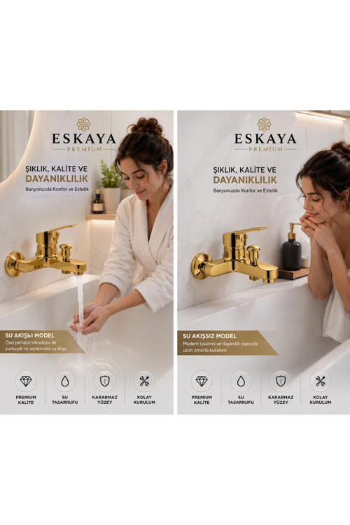 Elite Banyo Bataryası Musluğu Pirinç Gövde Sıcak Soğuk Çift Girişli Altın Seri