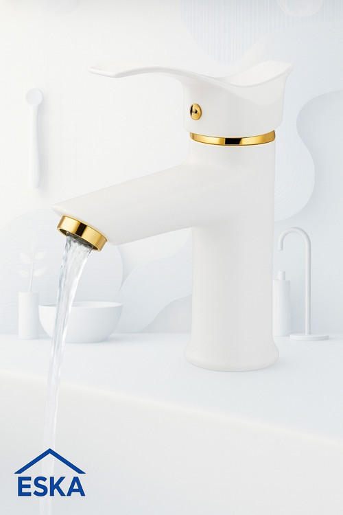 Beyaz Altın Gold Kartal Sabit Lavabo Bataryası Musluğu Çeşmesi Çift Su Girişli