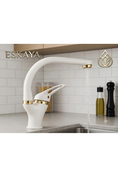 Beyaz Gold Banyo Lavabo Bataryası Musluğu Çeşmesi