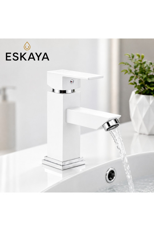 Beyaz Kare Lavabo Bataryası Kare Tip Gövde Çift Su Girişli Aç Kapa Prinç Gövde Modern Lüx Sabit Lavabo Bataryası