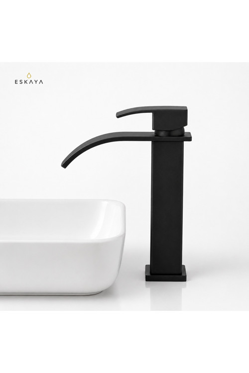 Kare Lavabo Bataryası Mat Siyah-Şelale Yüksek Uzun Musluk Şelale Akışlı Modern Uzun Banyo Musluğu Çift Su Girişli Çanak Lavabo Musluğu