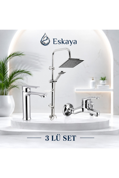 3 Lü Banyo Seti Krom Robot Duş Seti Banyo Bataryası Ve Sabit Lavabo Bataryası