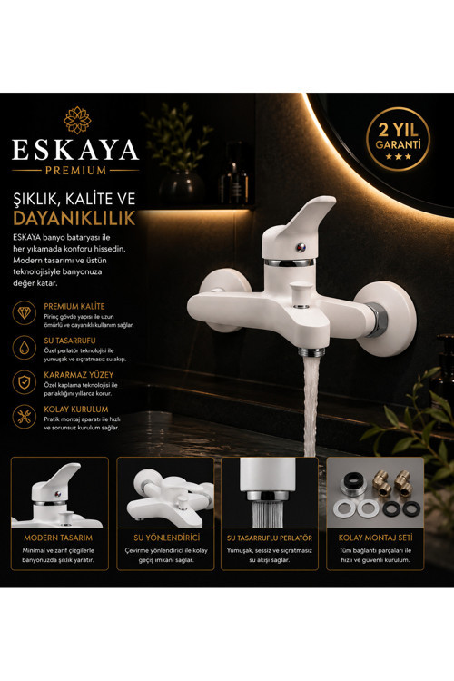 Elite Banyo Bataryası Musluğu Pirinç Gövde Sıcak Soğuk Çift Girişli Beyaz Seri