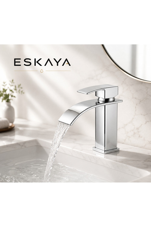 Krom Şelale Tip Lavabo Bataryası Kare Kısa Pirinç Gövde Tek Kollu Modern Banyo Musluğu