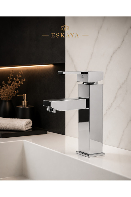 Elite Edition Lüx Kare Krom Sabit Banyo Lavabo Bataryası Pirinç Ağır Malzeme