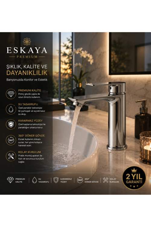 Aerolux Premium Sıcak Soğuk Sabit Gövdeli Banyo Lavabo Bataryası Musluğu Krom Seri