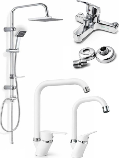 Köşe Borulu Full 4'Lü Set Banyo - Lavabo - Mutfak Batarya Musluk Ve Robot Duş