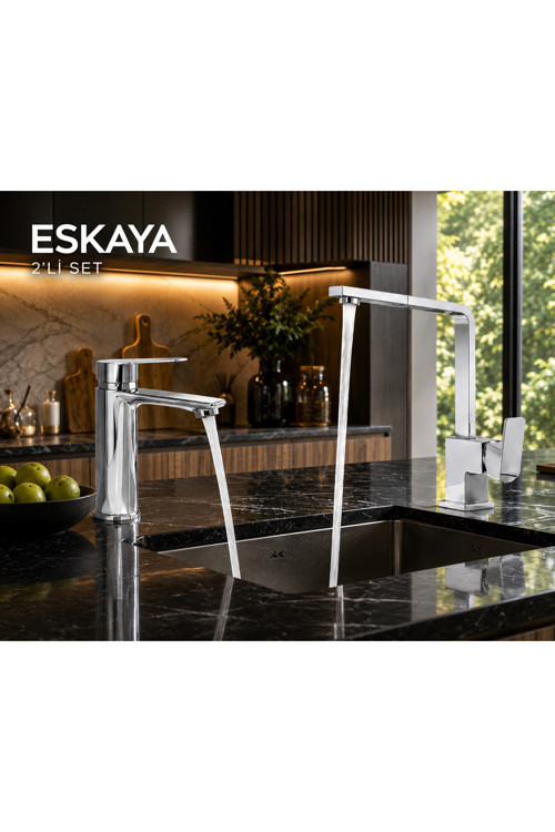 Krom 2 Li Set Banyo Lavabo Bataryası Ve Kare Mutfak Eviye Bataryası Şık Tasarım