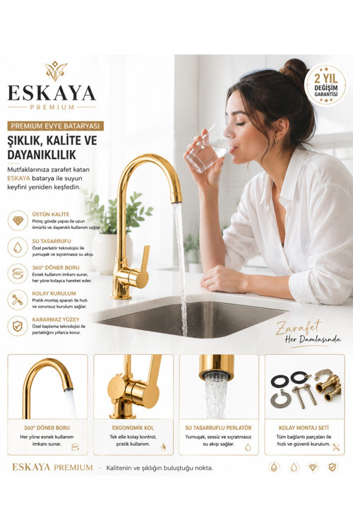 Gold Altın Mutfak Eviye Bataryası Musluğu Çeşmesi Çift Su Girişli Yerli Üretim