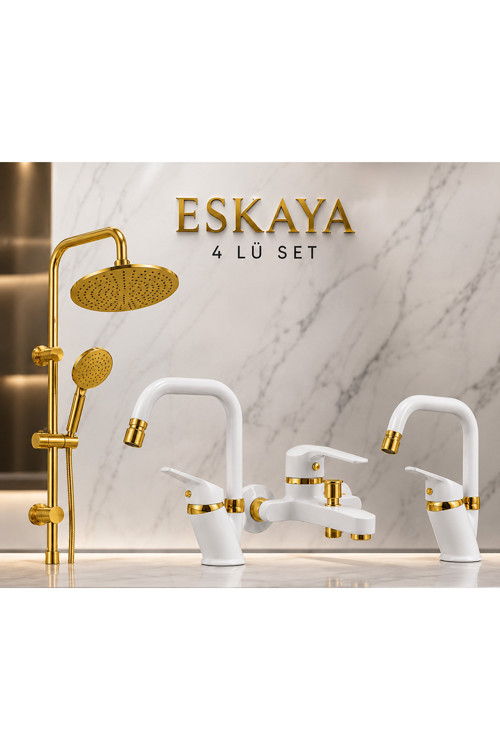 4'Lü Beyaz Gold Banyo Lavabo Ve Mutfak Batarya Seti Full Set