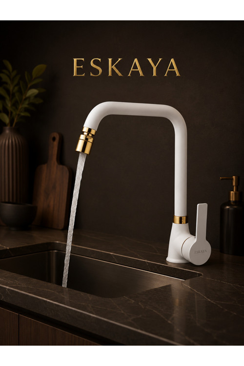 Beyaz Gold 360 Derece Hareketli Başlıklı Mutfak Eviye Bataryası Musluğu
