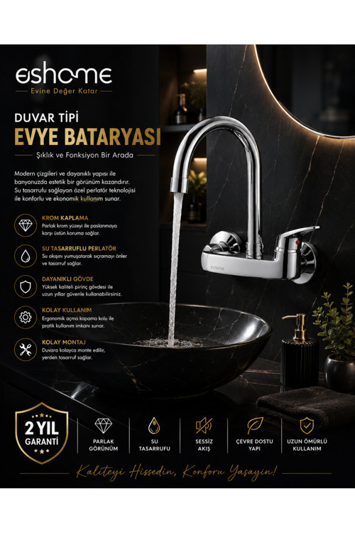 Duvardan Bağlantılı Aç Kapa Mutfak Ve Banyo Lavabo Bataryası Musluğu