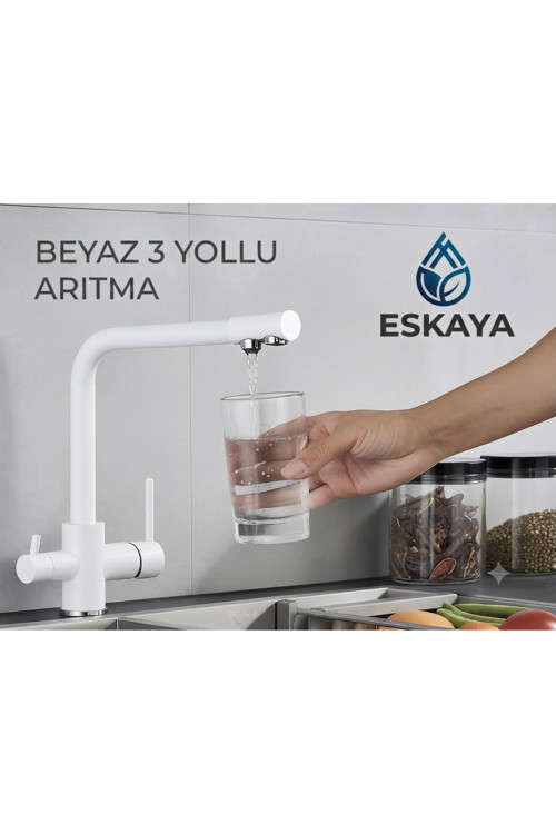 Beyaz Krom Detay 3 Yollu Arıtma Girişli Mutfak Eviye Bataryası