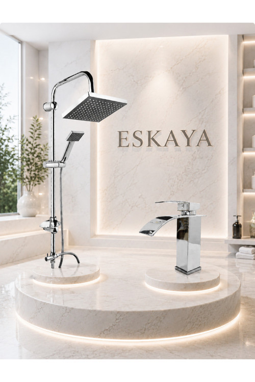 Premium Krom 2’Li Banyo Seti * Şelale Akışlı Lavabo Bataryası Ve Robot Duş Seti