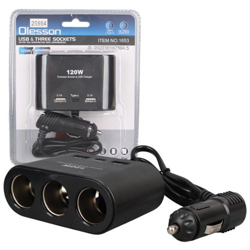 1653 12-24V Çift USB + TYPE-C Girişli 100W 70cm Kablolu 3'lü Araç Çakmak Çoklayıcı