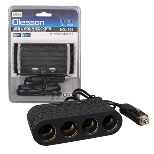 1654 12-24V Çift USB - TYPE-C 120W 80cm Kablolu 4'LÜ Araç Çakmak Çoklayıcı