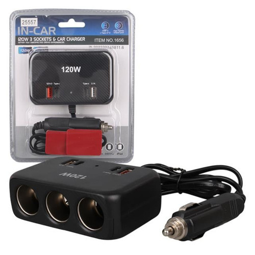 1656 12-24V Çift USB + Çift TYPE-C 120W 80cm Kablolu 3'lü Araç Çakmak Çoklayıcı