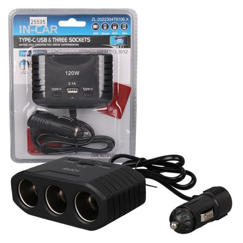 2012 12-24V Çift TYPE-C - Tek USB Girişli 120W 80cm Kablolu 3'LÜ Araç Çakmak Çoklayıcı