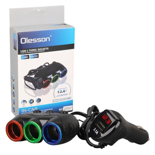 1633 12-24V Tek USB Girişli 120W 80cm Kablolu Dijital Voltaj Ekranlı 3'lü Araç Çakmak Çoklay