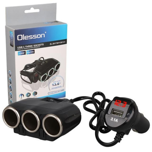 1634 12-24V Tek USB Girişli 120W 80cm Kablolu Dijital Voltaj Ekranlı 3'lü Araç Çakmak Çoklay