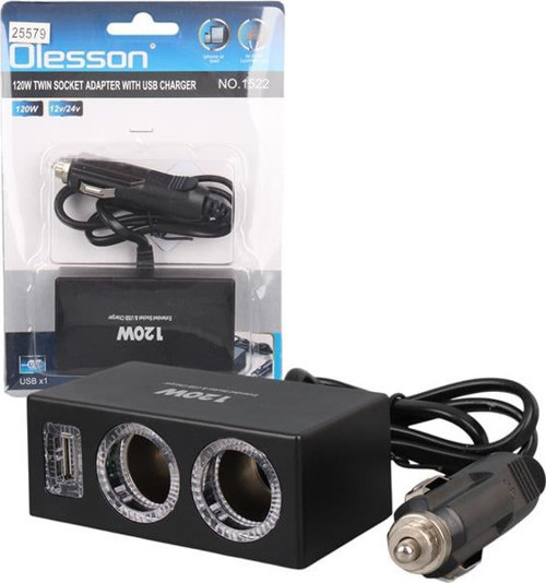 1522 12-24V Tek USB Girişli 120W 80cm Kablolu 2'li Araç Çakmak Çoklayıcı