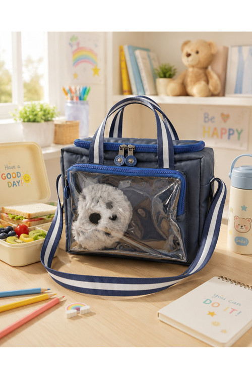 Çocuk Termal Okul Beslenme Çantası | Şeffaf Cepli Peluş Aksesuarlı Omuz Askılı Lunch Bag