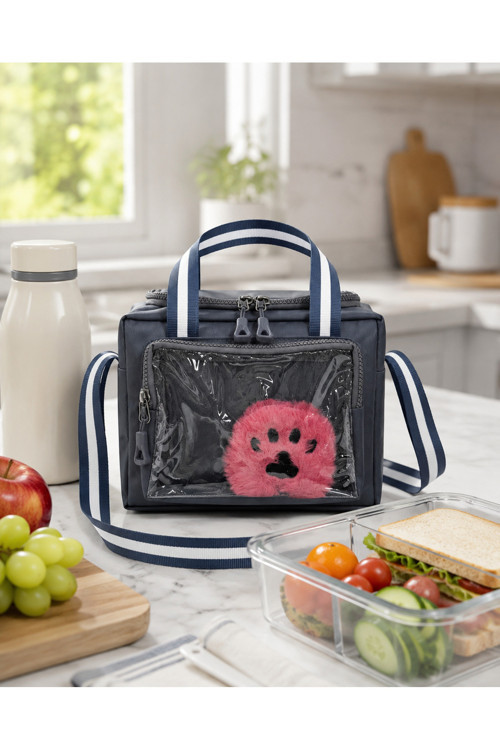 Çocuk Termal Okul Beslenme Çantası | Şeffaf Cepli Peluş Aksesuarlı Omuz Askılı Lunch Bag