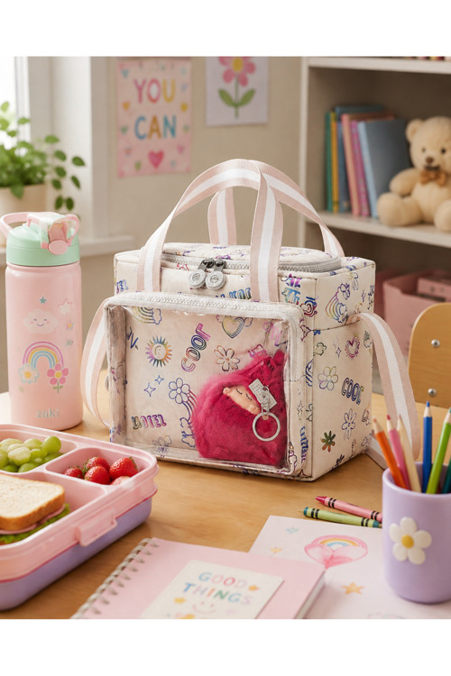 Çocuk Termal Okul Beslenme Çantası | Şeffaf Cepli Peluş Aksesuarlı Omuz Askılı Lunch Bag