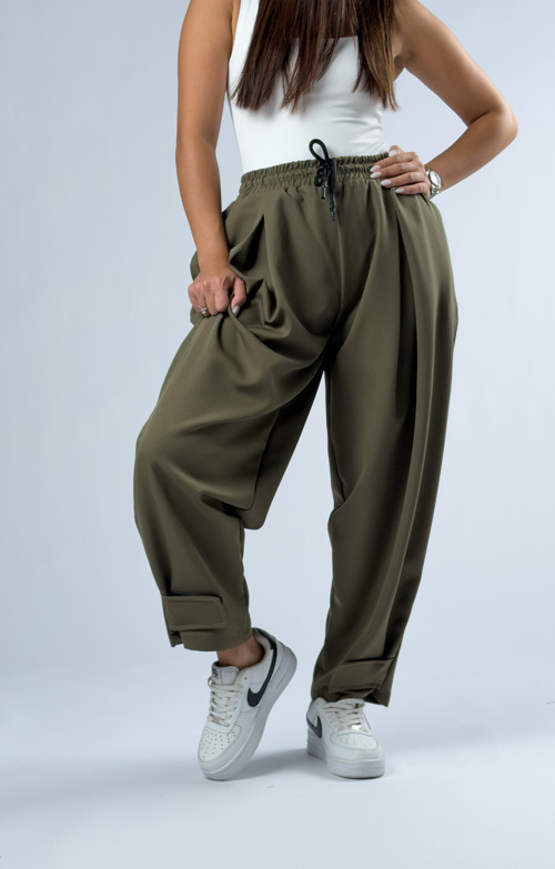 Paça Cırt Detaylı Haki Kadın Baggy Pantolon COC3336