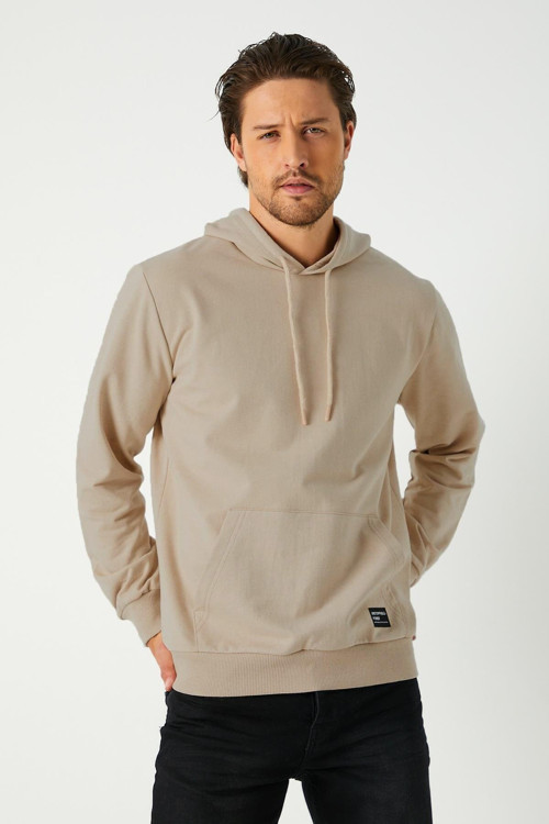 Bej Erkek Kapüşonlu Kanguru Cepli Sweatshirt