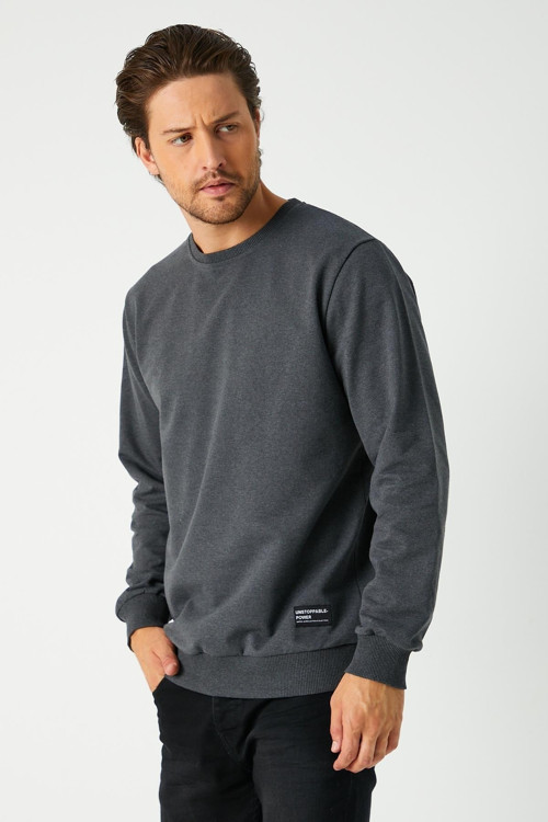 Erkek Antrasit Basic Bisiklet Yaka Sweatshirt