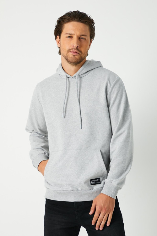 Gri Erkek Kapüşonlu Kanguru Cepli Sweatshirt