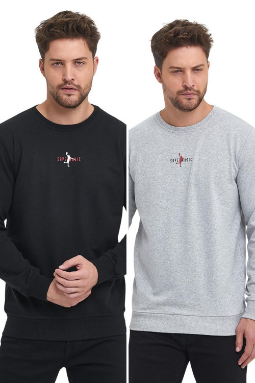 Siyah-Gri Erkek Supermagic Göğüs Baskılı Basic 2'Li Sweatshirt